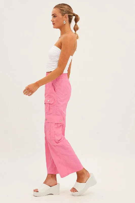 Pink Elastic Waist High Rise Wide Leg Cargo Pants