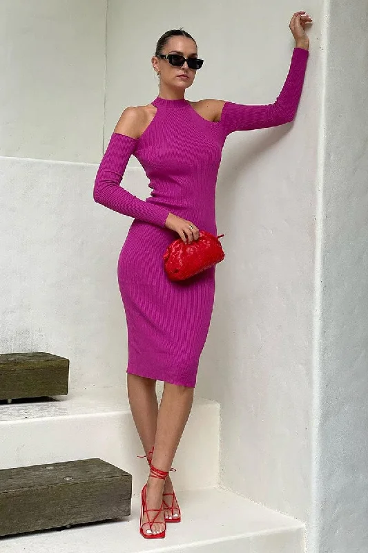 Pink Knit Dress Cold Shoulder Mock Neck Midi Rib