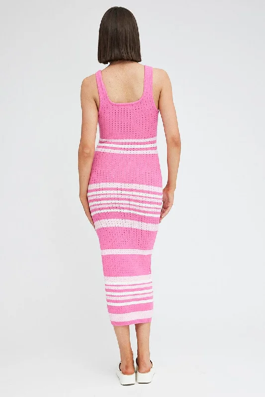 Pink Stripe Knit Dress Sleeveless Midi