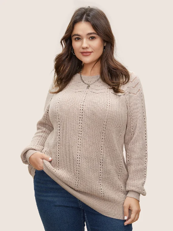 Plain Texture Raglan Sleeve Pointelle Knit Pullover