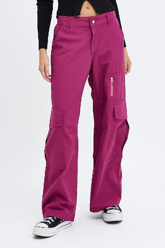 Purple Cargo Pants Mid-Rise Wide Leg Parachute