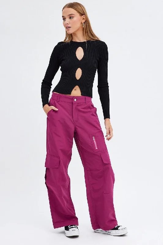 Purple Cargo Pants Mid-Rise Wide Leg Parachute