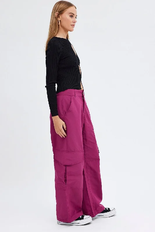 Purple Cargo Pants Mid-Rise Wide Leg Parachute