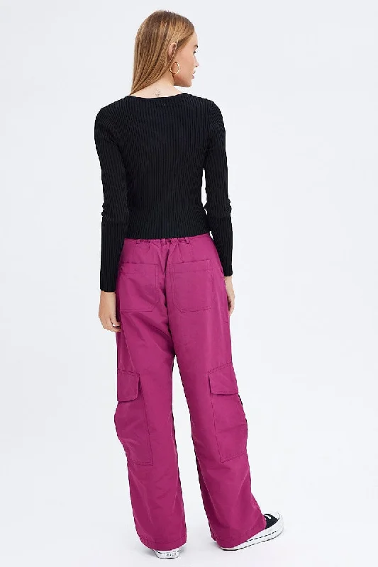 Purple Cargo Pants Mid-Rise Wide Leg Parachute