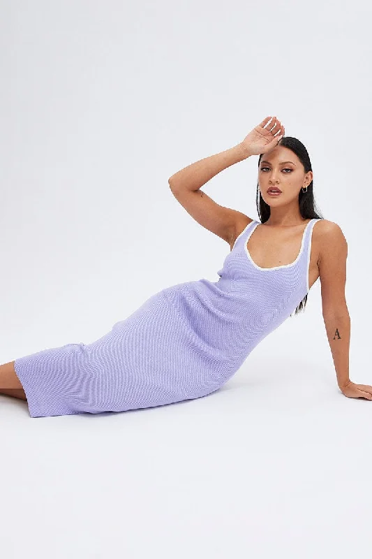 Purple Knit Dress Sleeveless Sweatheart Midi