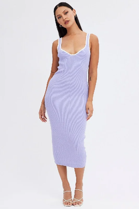 Purple Knit Dress Sleeveless Sweatheart Midi