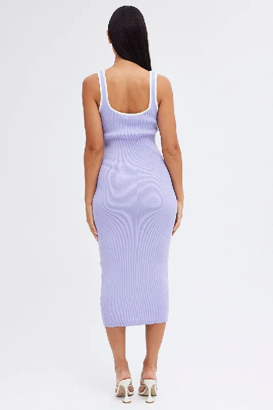 Purple Knit Dress Sleeveless Sweatheart Midi