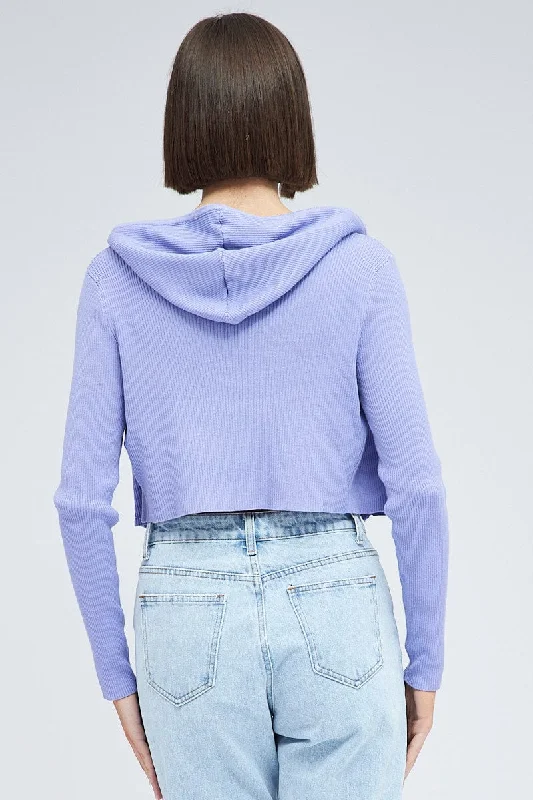 Purple Knit Zip Up Cardigan Hooded