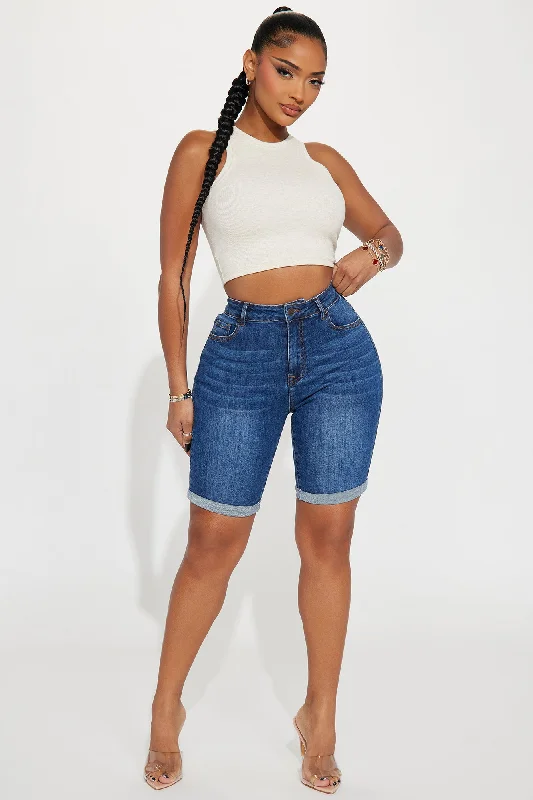 Putting In The Work Stretch Bermuda Denim Shorts - Dark Wash