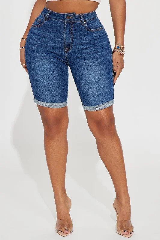 Putting In The Work Stretch Bermuda Denim Shorts - Dark Wash