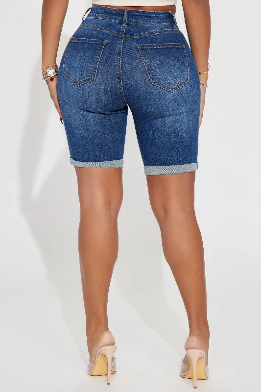 Putting In The Work Stretch Bermuda Denim Shorts - Dark Wash