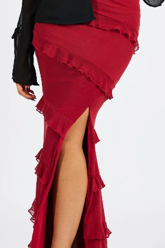 Red Floral Maxi Skirt Mesh Frilled Mesh