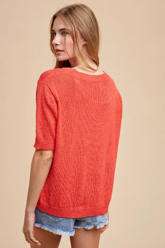 Red Knit Short Sleeve Top