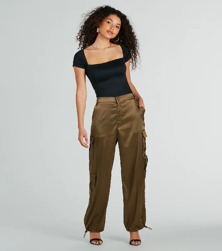 Sleek Sensation Satin High-Rise Cargo Joggers