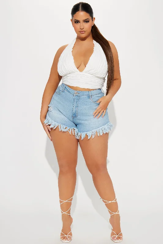 Slay The Way Frayed Denim Shorts - Light Blue Wash