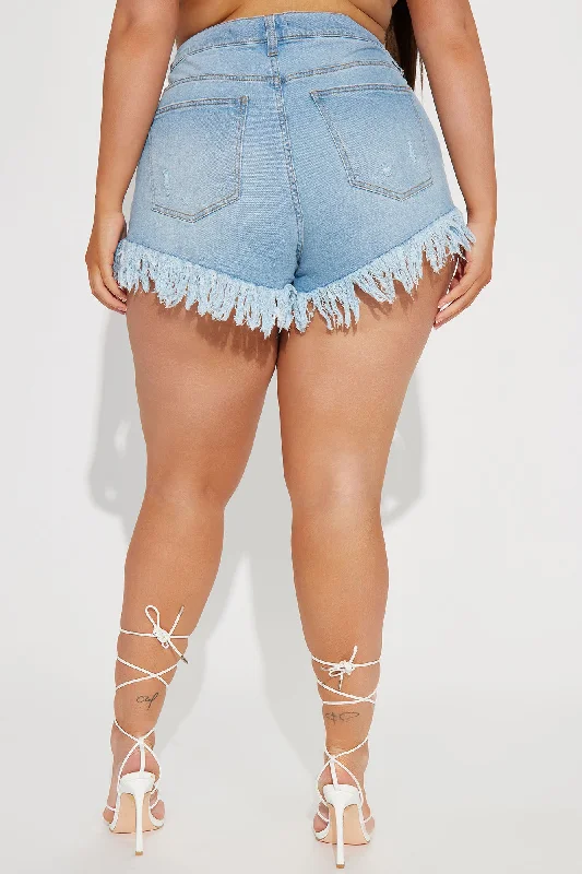 Slay The Way Frayed Denim Shorts - Light Blue Wash