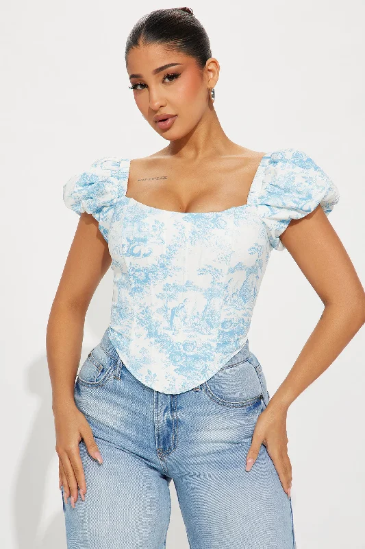 Small Town Girl Toile Corset Top - Blue/combo