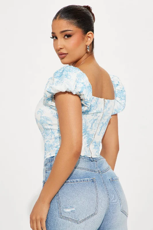 Small Town Girl Toile Corset Top - Blue/combo