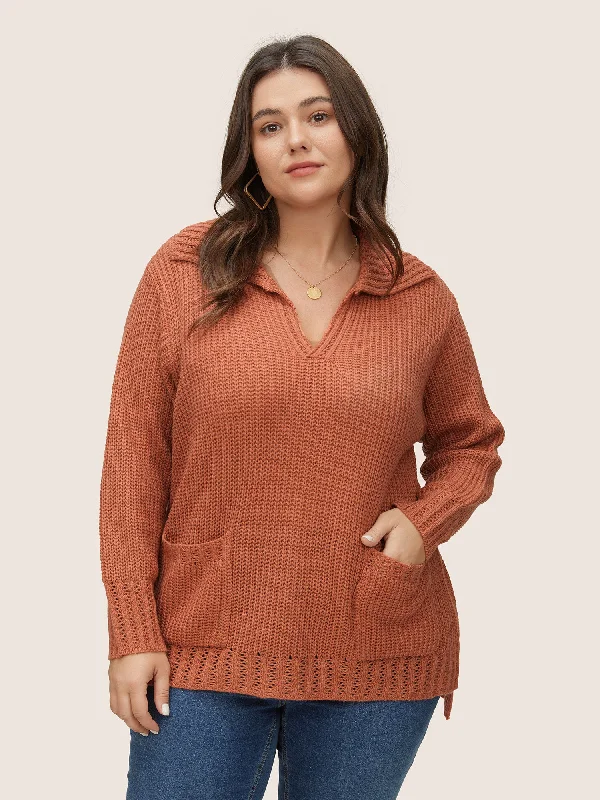 Solid Pocket Pointelle Knit Split Hem Pullover