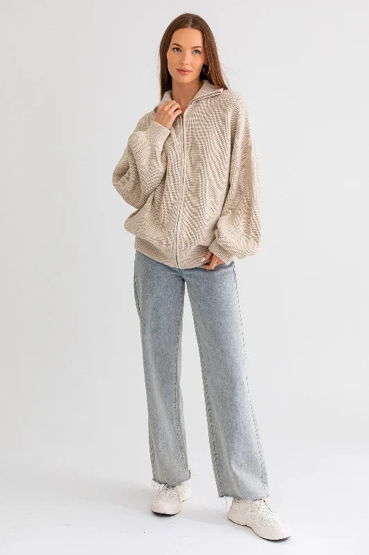 Taupe Oversized Zip Up Cardigan