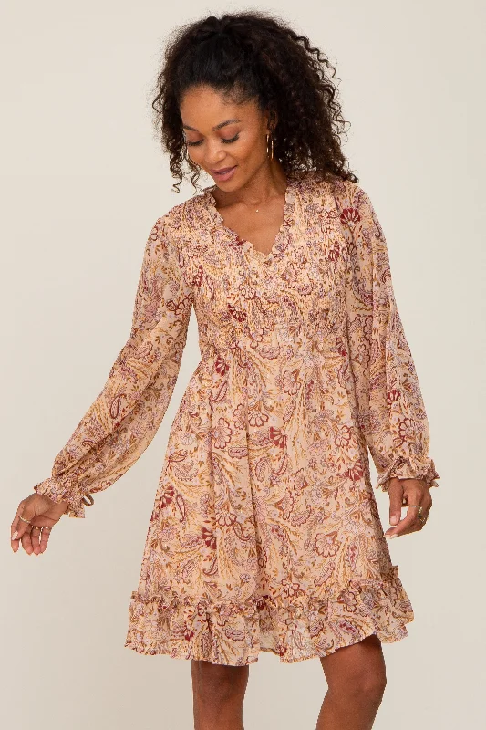 Taupe Paisley Print Long Sleeve Dress