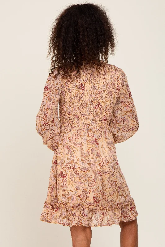 Taupe Paisley Print Long Sleeve Dress