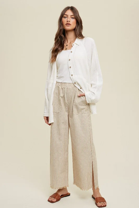 Taupe Striped Linen Slit Hem Pants