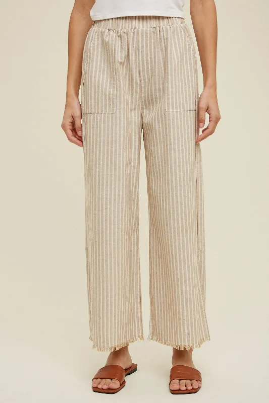 Taupe Striped Linen Slit Hem Pants