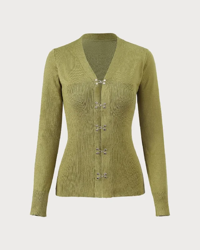 The Green V Neck Long Sleeve Knit Cardigan