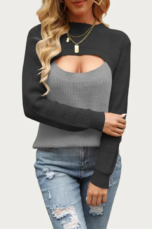 Two-Tone Colorblock Cutout Sweater In Dark Grey