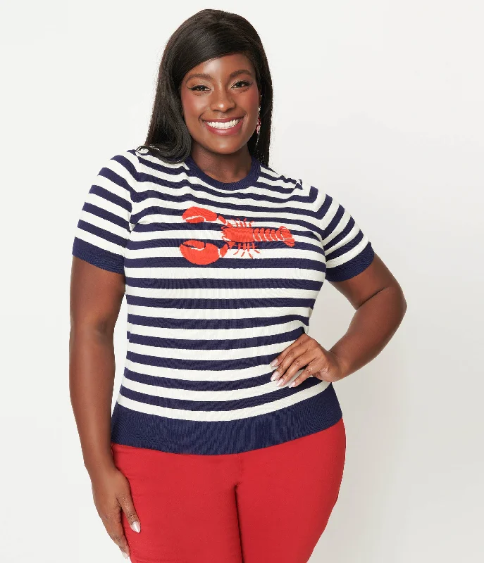 Unique Vintage Plus Size Navy & White Stripe Lobster Sweater