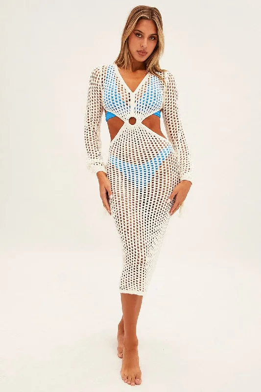 White Crochet Cutout Knit Dress