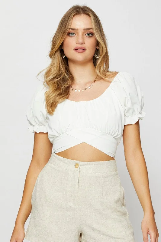 White Crop Top Short Sleeve Off Shoulder