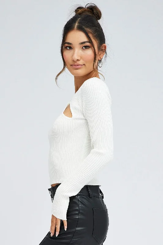 White Cut Out Knit Top Long Sleeve