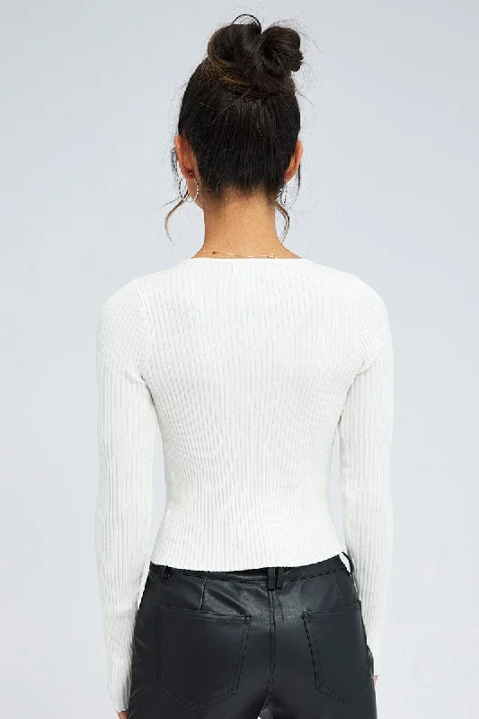 White Cut Out Knit Top Long Sleeve