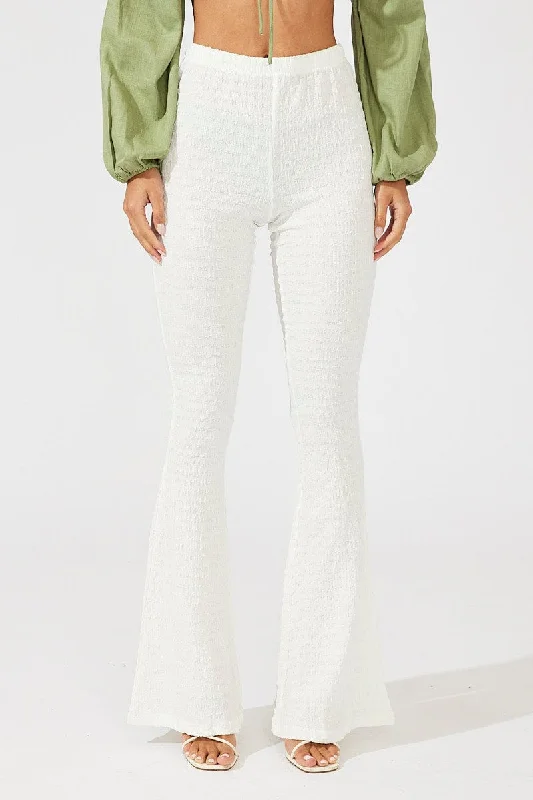 White Flare Leg Pants Textured Jersey