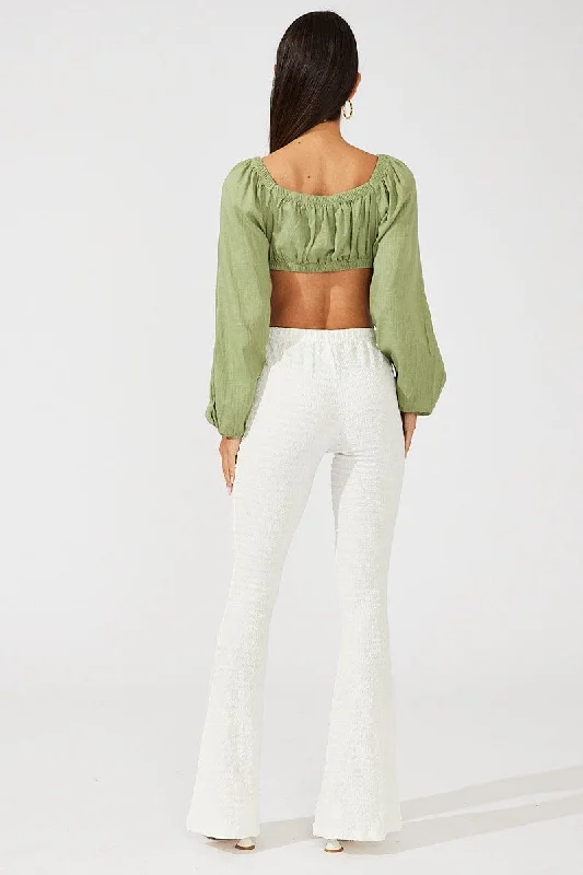 White Flare Leg Pants Textured Jersey