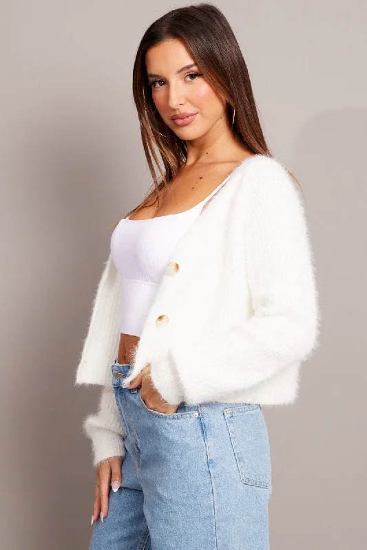 White Fluffy Knit Cardigan Long Sleeve V Neck