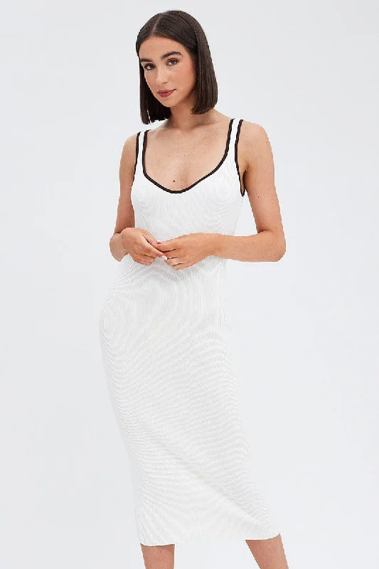 White Knit Dress Sleeveless Sweatheart Midi