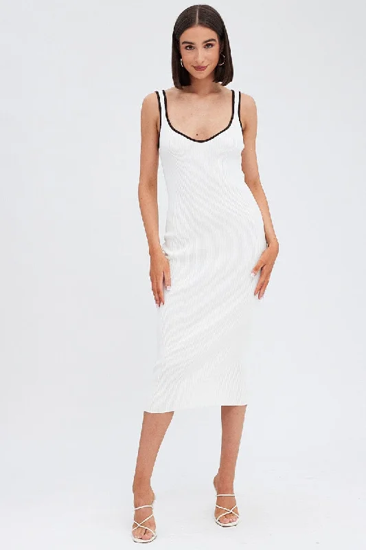 White Knit Dress Sleeveless Sweatheart Midi