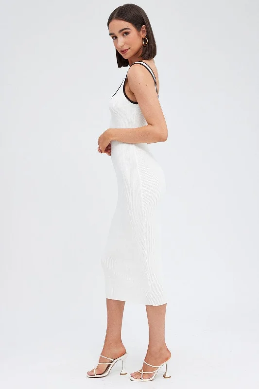 White Knit Dress Sleeveless Sweatheart Midi