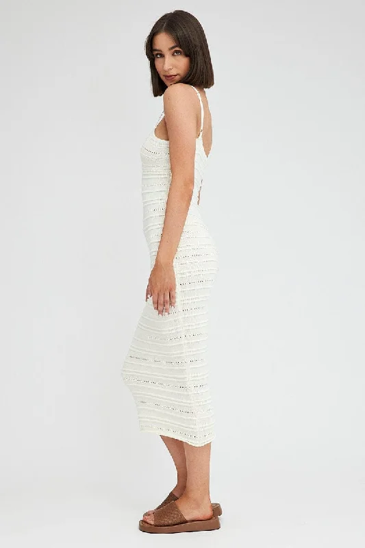 White Knit Dress Twisted Bust Midi