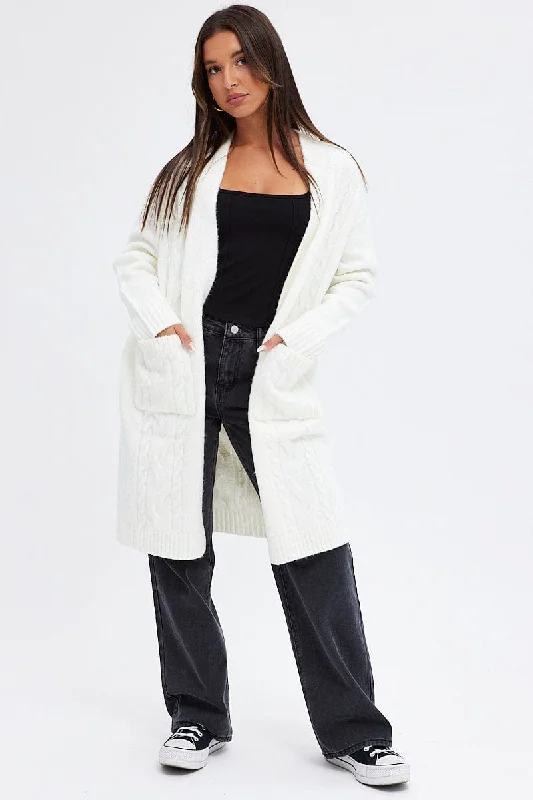 White Longline Cable Knit Cardigan