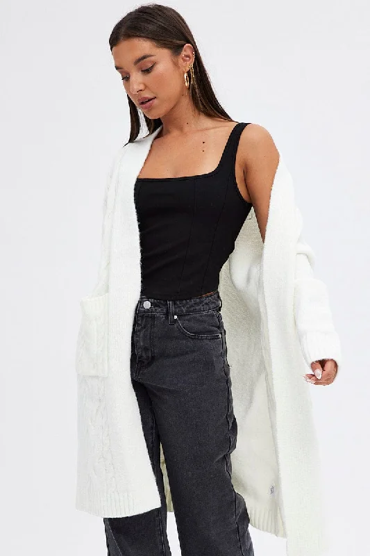 White Longline Cable Knit Cardigan