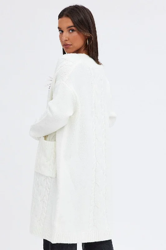 White Longline Cable Knit Cardigan