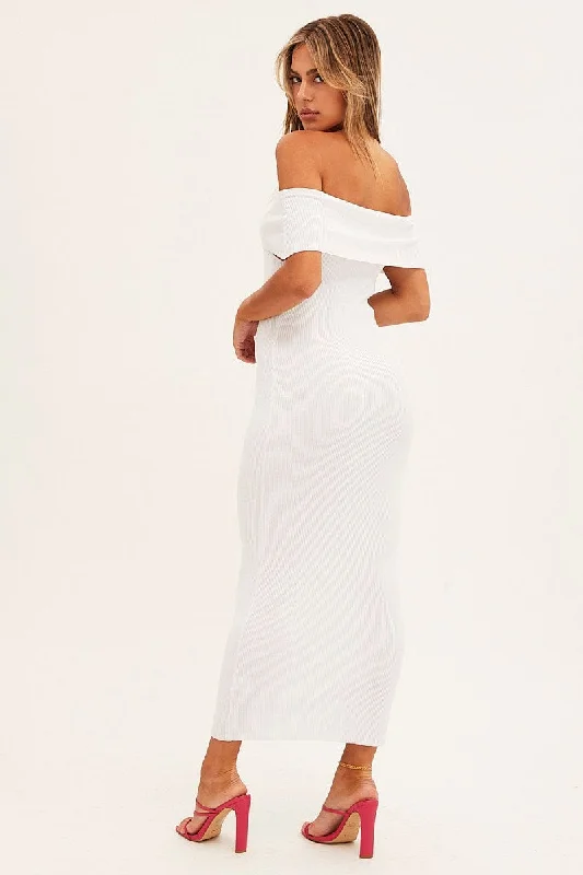 White Off Shoulder Dress Knit Bodycon Knit