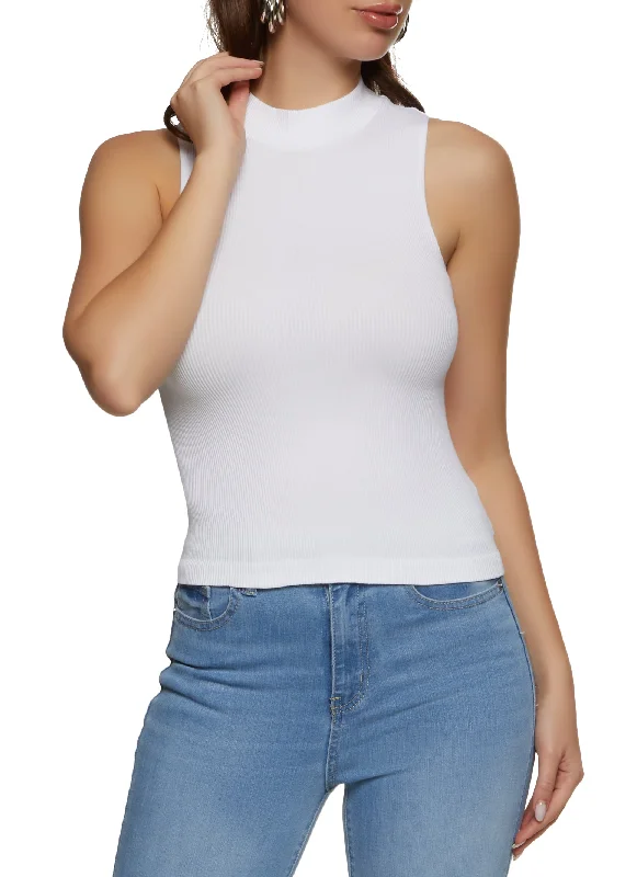 Ribbed Knit Mock Neck Seamless Tank Top