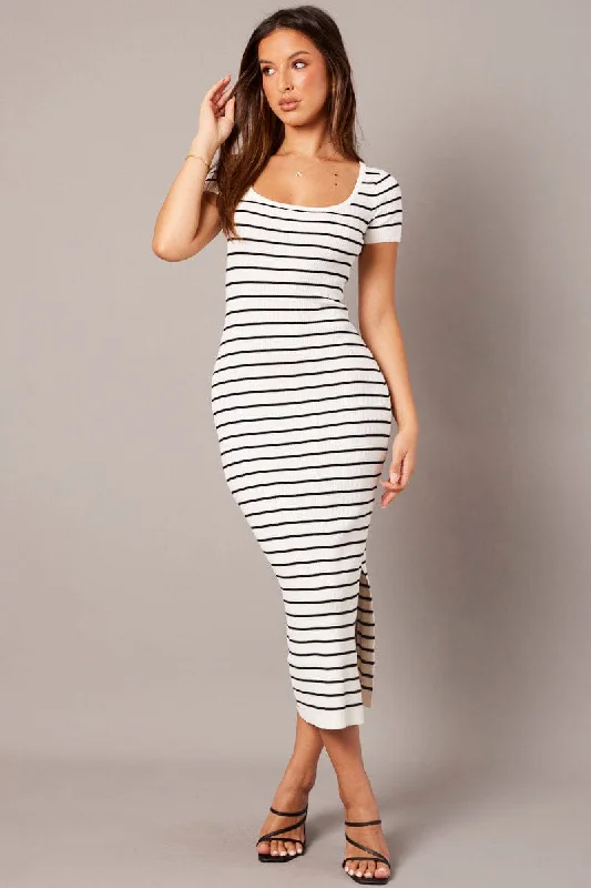 White Stripe Knit Dress Short Sleeve Bodycon Midi