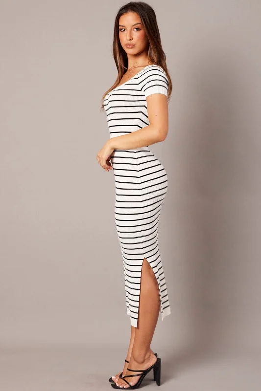 White Stripe Knit Dress Short Sleeve Bodycon Midi