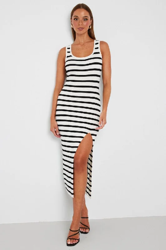 White Stripe Knit Dress Sleeveless Side Split